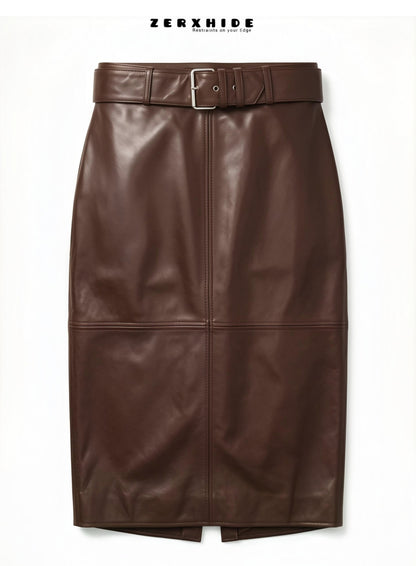 ZERXHIDE brown leather pencil skirt with silver buckle belt — structured midi pencil skirt flat lay