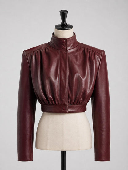 ZERXHIDE Women's High Neck Ruched Cropped Leather Jacket – Burgundy PU Leather ZerxHide