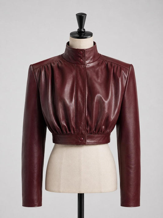 ZERXHIDE Women's High Neck Ruched Cropped Leather Jacket – Burgundy PU Leather ZerxHide