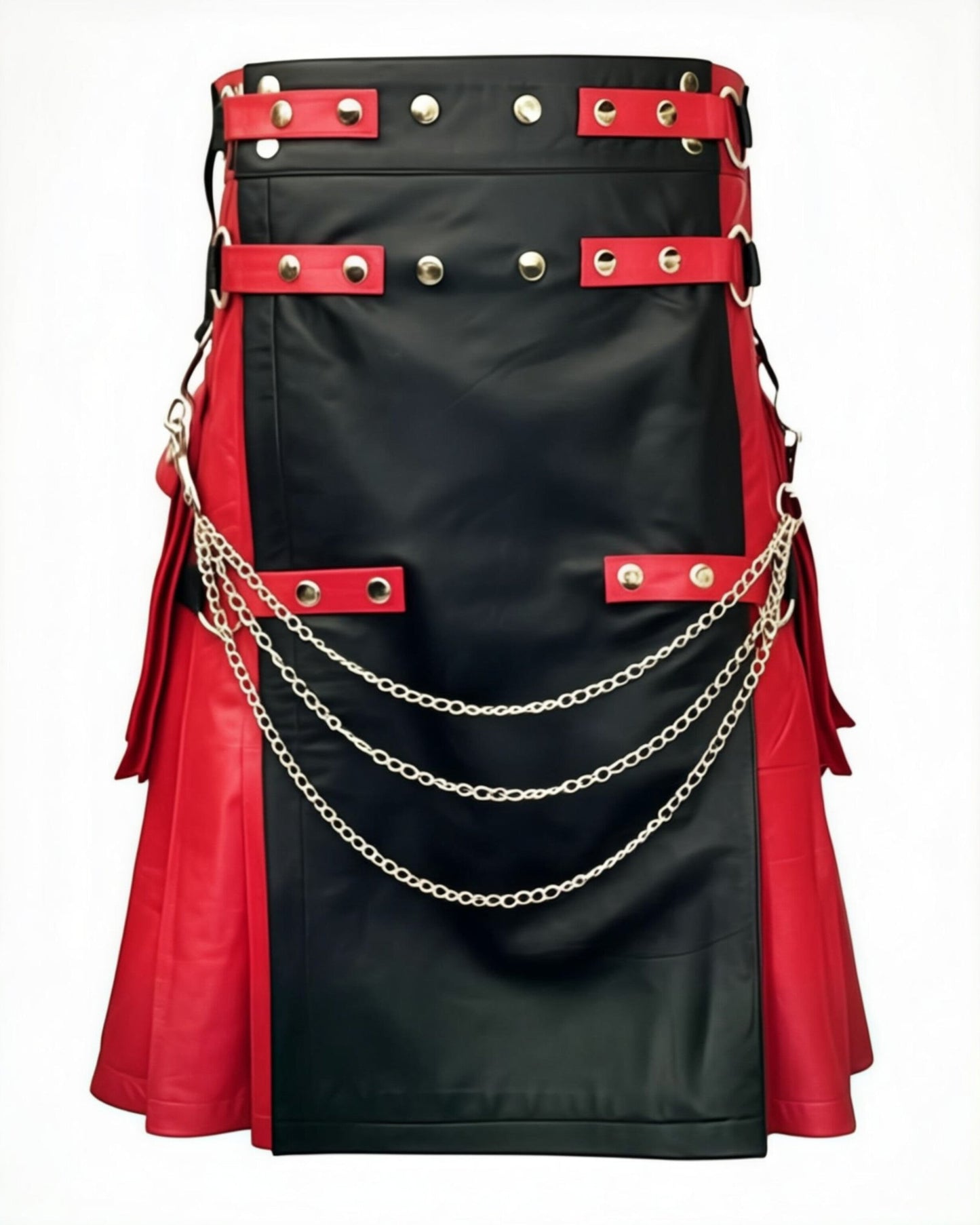 ZERXHIDE Men's Leather Kilt – Red & Black PU Leather Utility Kilt with Detachable Chains ZerxHide