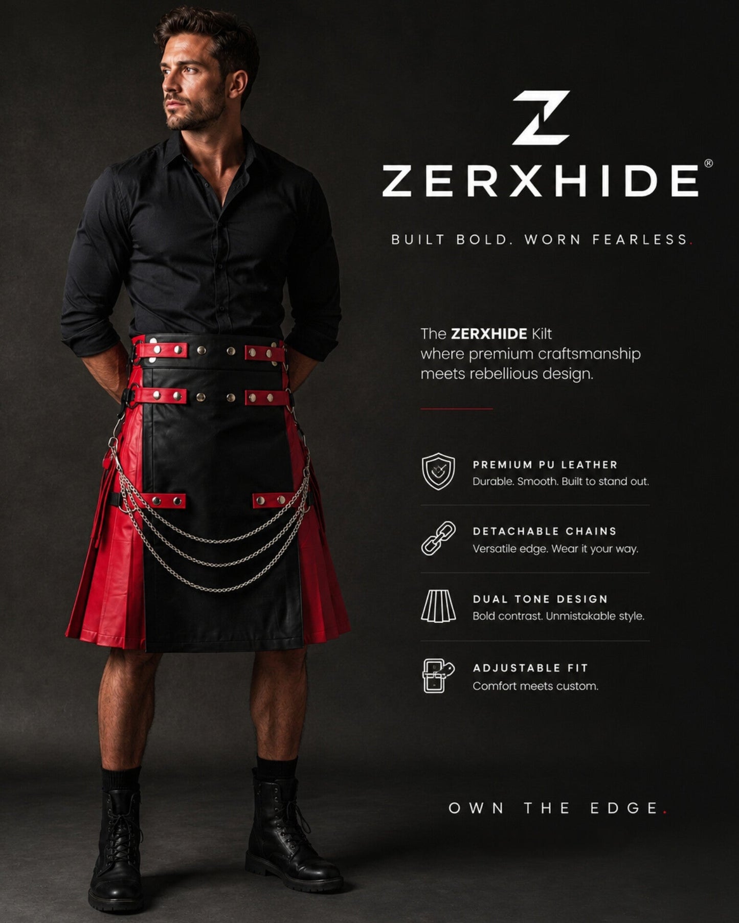 ZERXHIDE Men's Leather Kilt – Red & Black PU Leather Utility Kilt with Detachable Chains ZerxHide