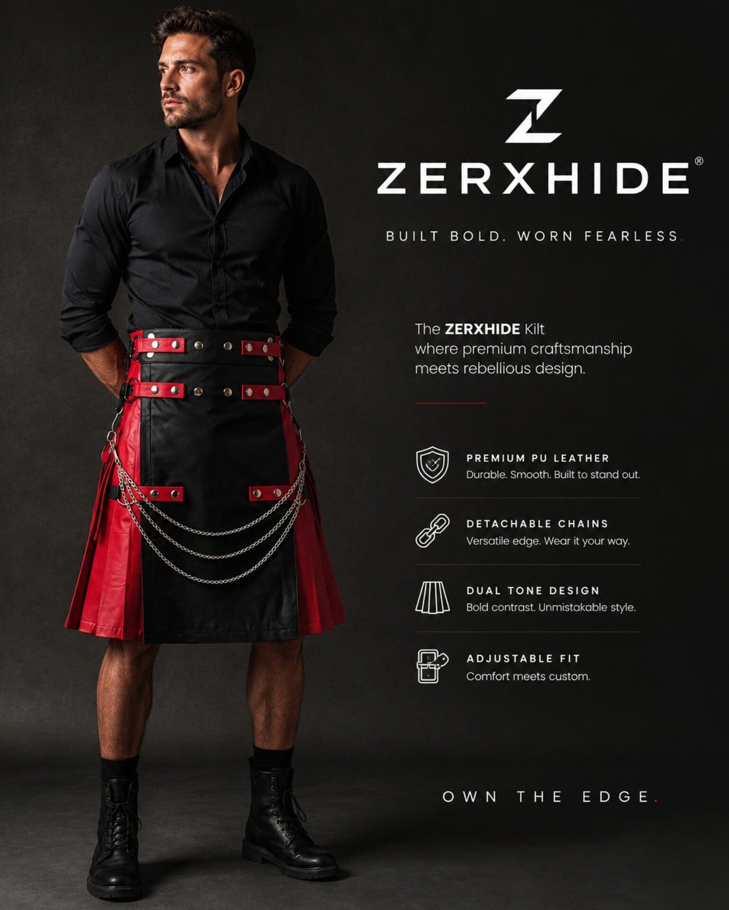 ZERXHIDE Men's Leather Kilt – Red & Black PU Leather Utility Kilt with Detachable Chains ZerxHide