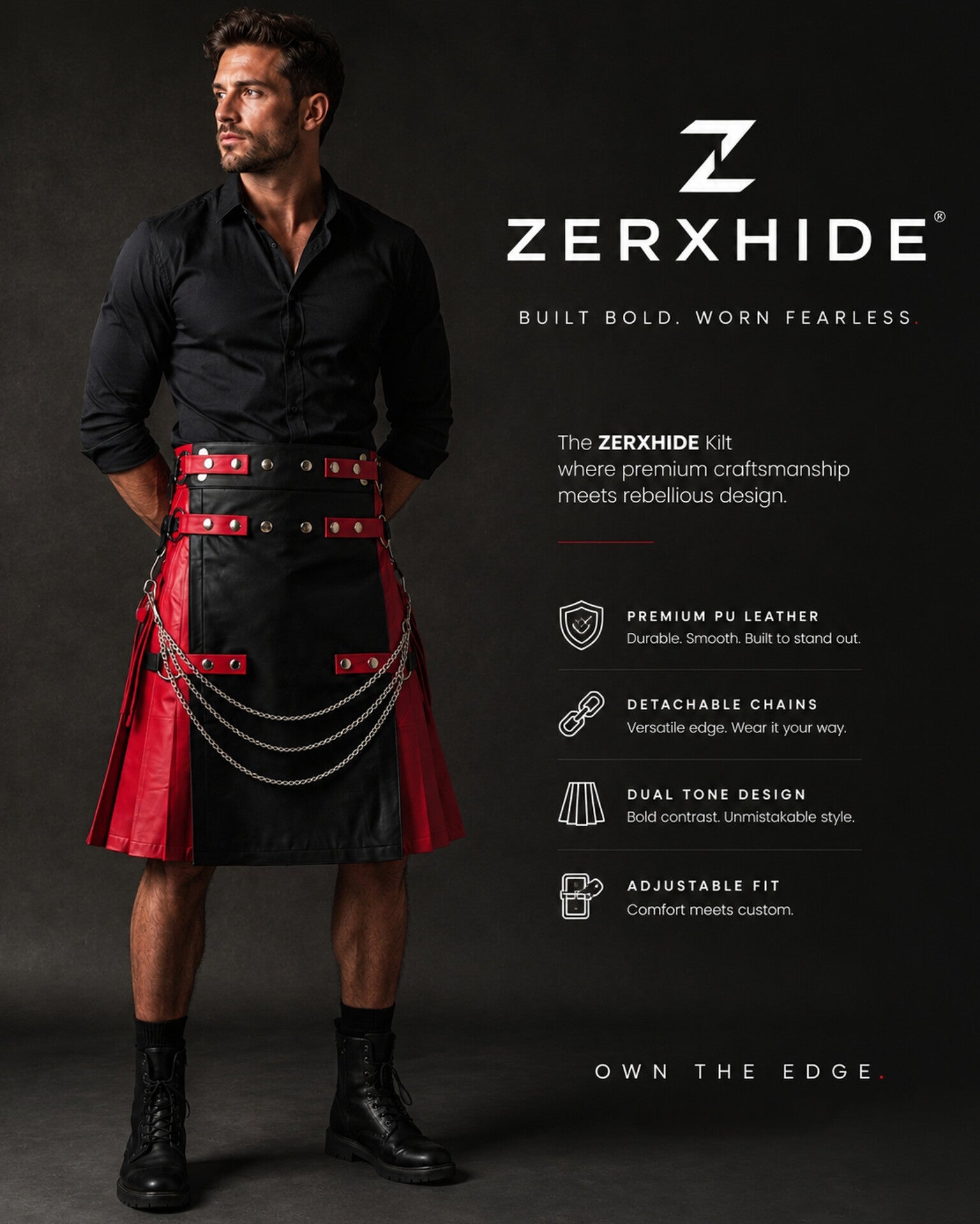 ZERXHIDE Men's Leather Kilt – Red & Black PU Leather Utility Kilt with Detachable Chains ZerxHide