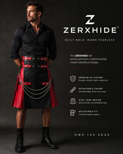 ZERXHIDE Men's Leather Kilt – Red & Black PU Leather Utility Kilt with Detachable Chains ZerxHide