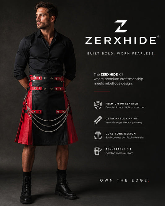 ZERXHIDE Men's Leather Kilt – Red & Black PU Leather Utility Kilt with Detachable Chains ZerxHide