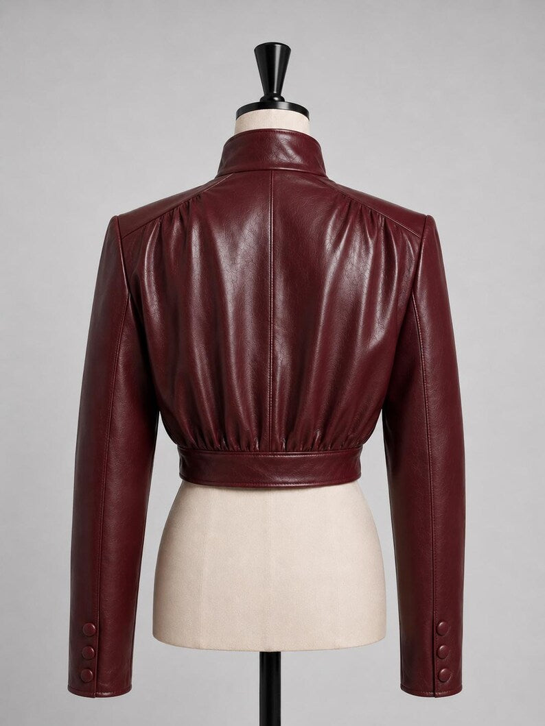 ZERXHIDE Women's High Neck Ruched Cropped Leather Jacket – Burgundy PU Leather ZerxHide