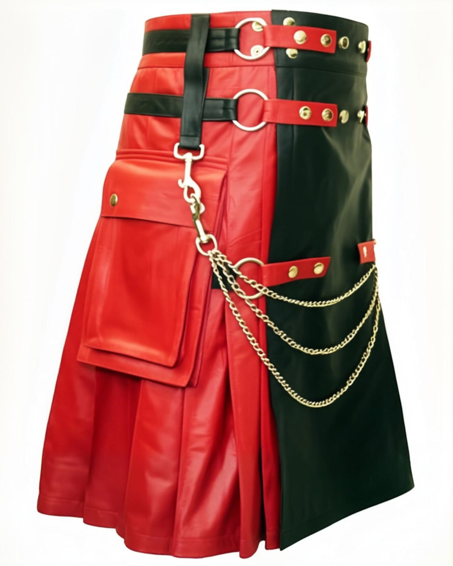 ZERXHIDE Men's Leather Kilt – Red & Black PU Leather Utility Kilt with Detachable Chains ZerxHide