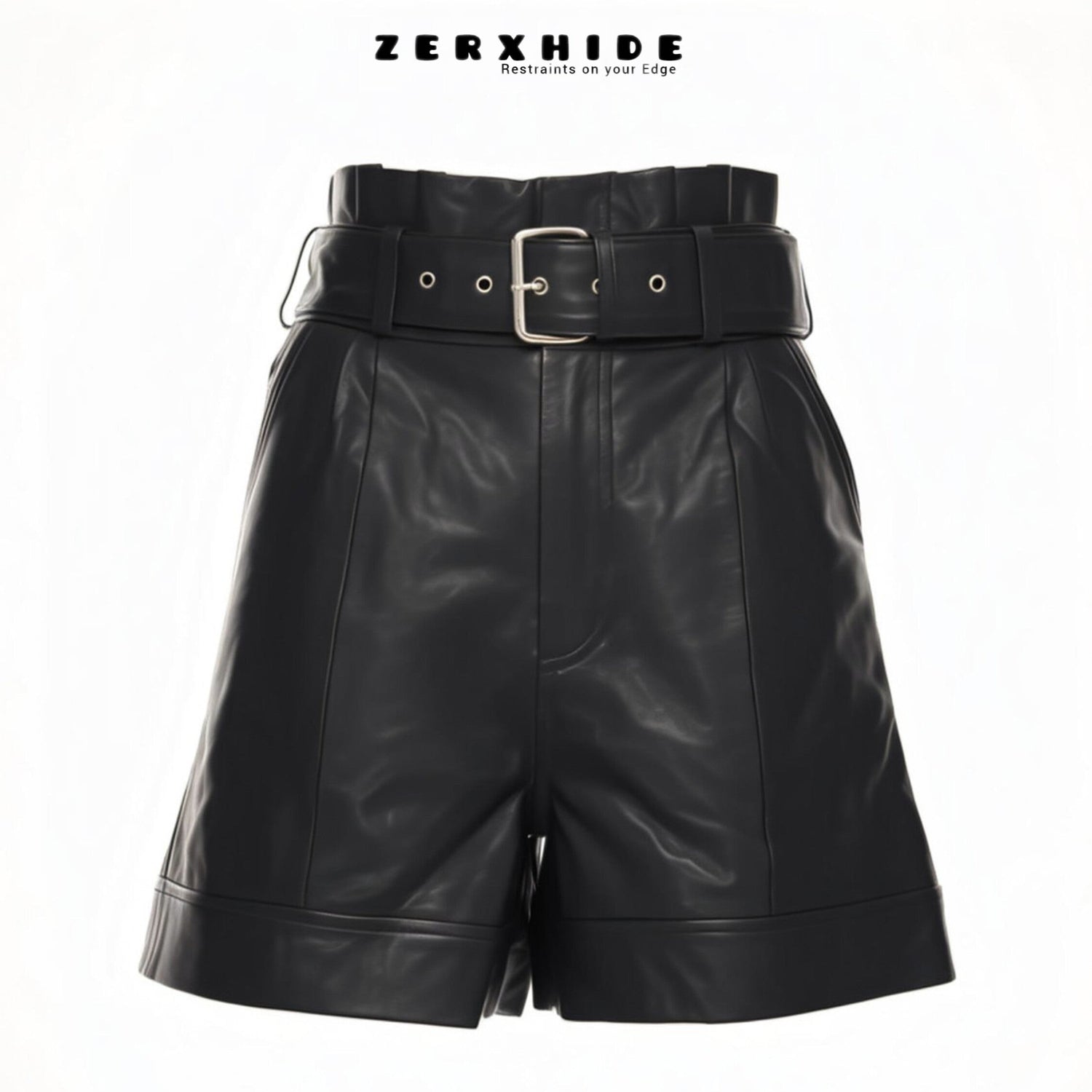ZERXHIDE black leatherette shorts — front view with wide silver buckle belt and cuffed hem, high-waisted