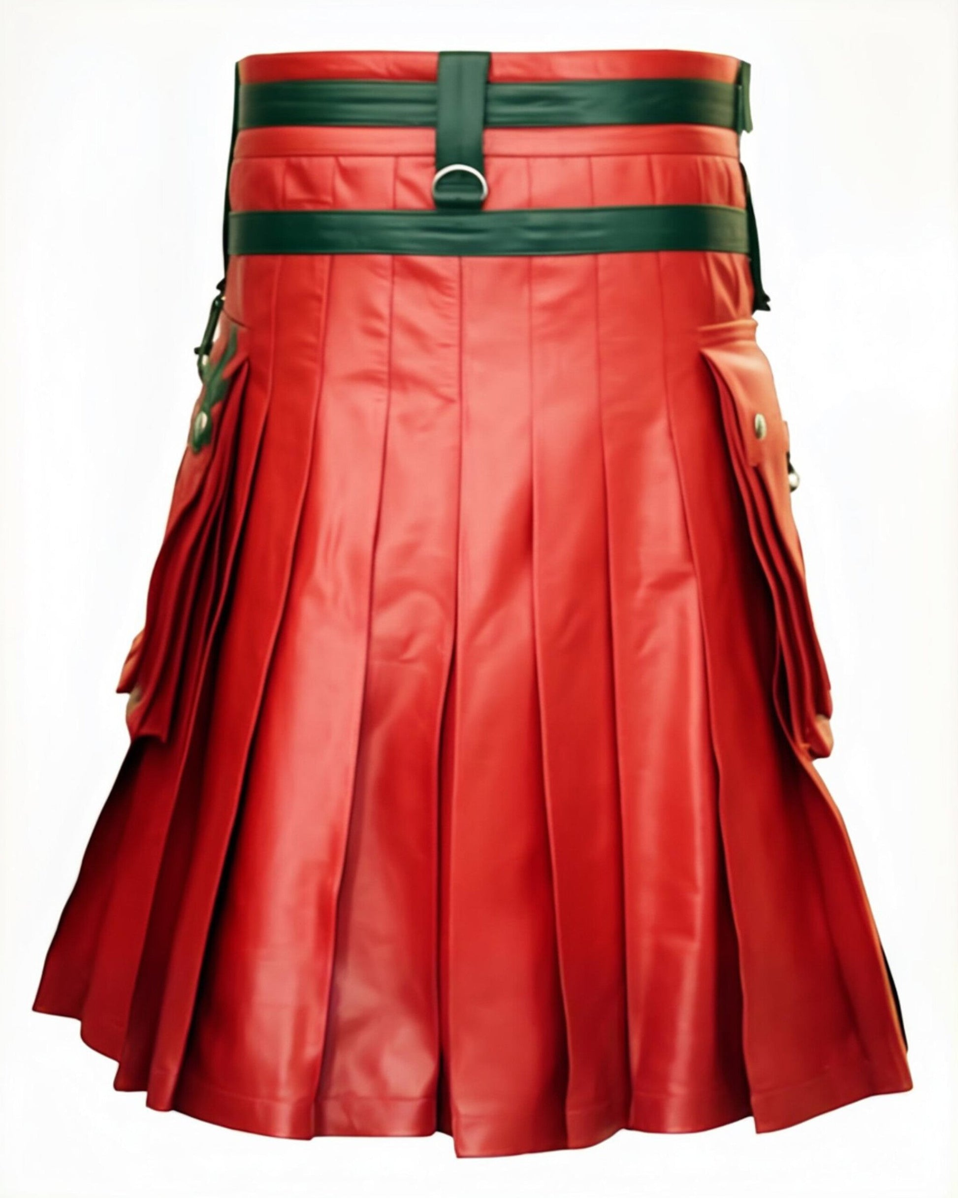ZERXHIDE Men's Leather Kilt – Red & Black PU Leather Utility Kilt with Detachable Chains ZerxHide
