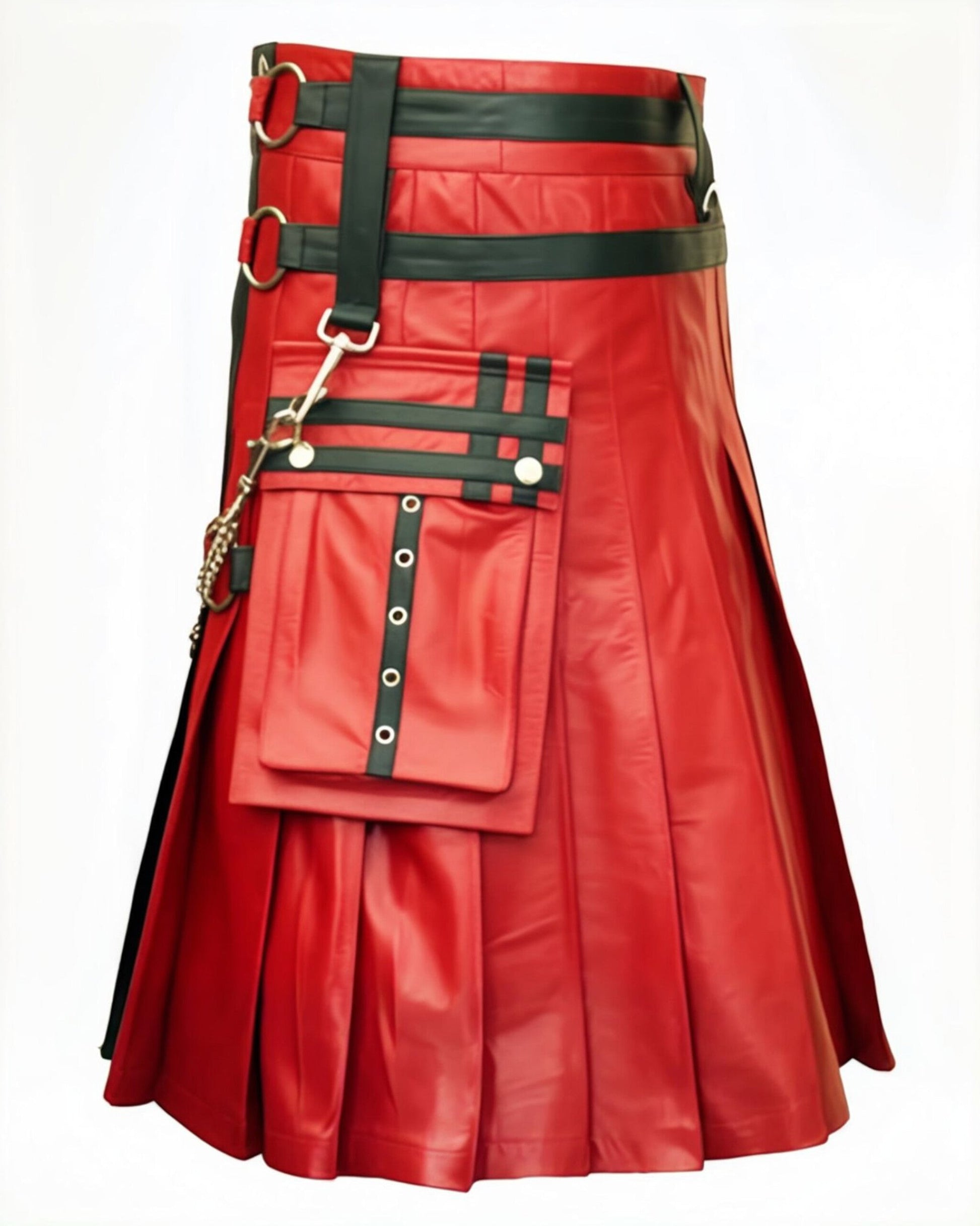 ZERXHIDE Men's Leather Kilt – Red & Black PU Leather Utility Kilt with Detachable Chains ZerxHide