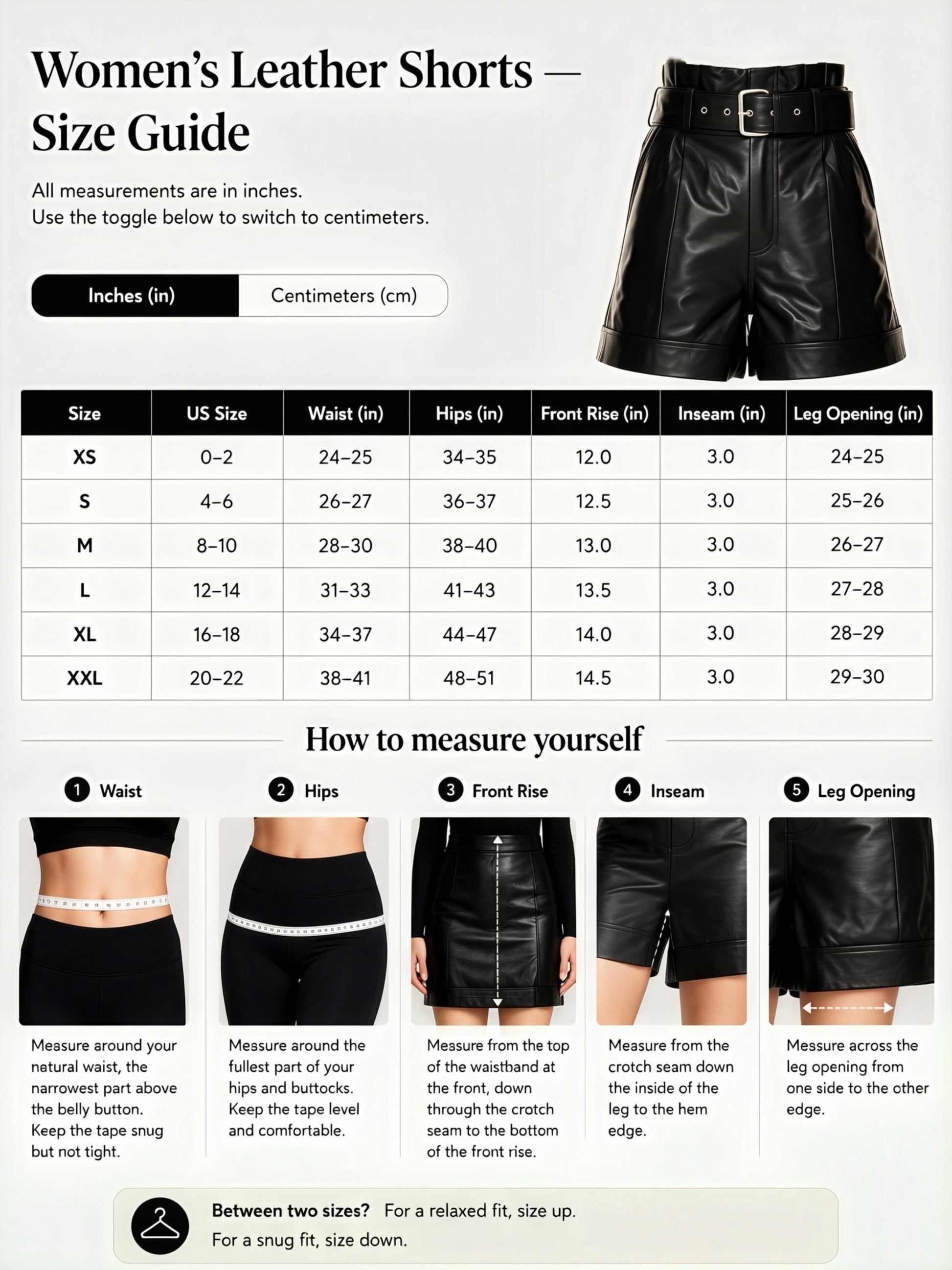 ZERXHIDE leather shorts size guide — women's sizes XS to XXL with waist, hip, front rise, inseam and leg opening in inches, custom sizing available