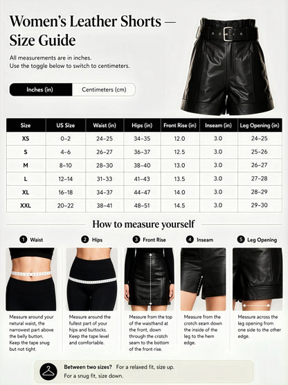 Women's leather shorts size guide with measurements and visual examples.