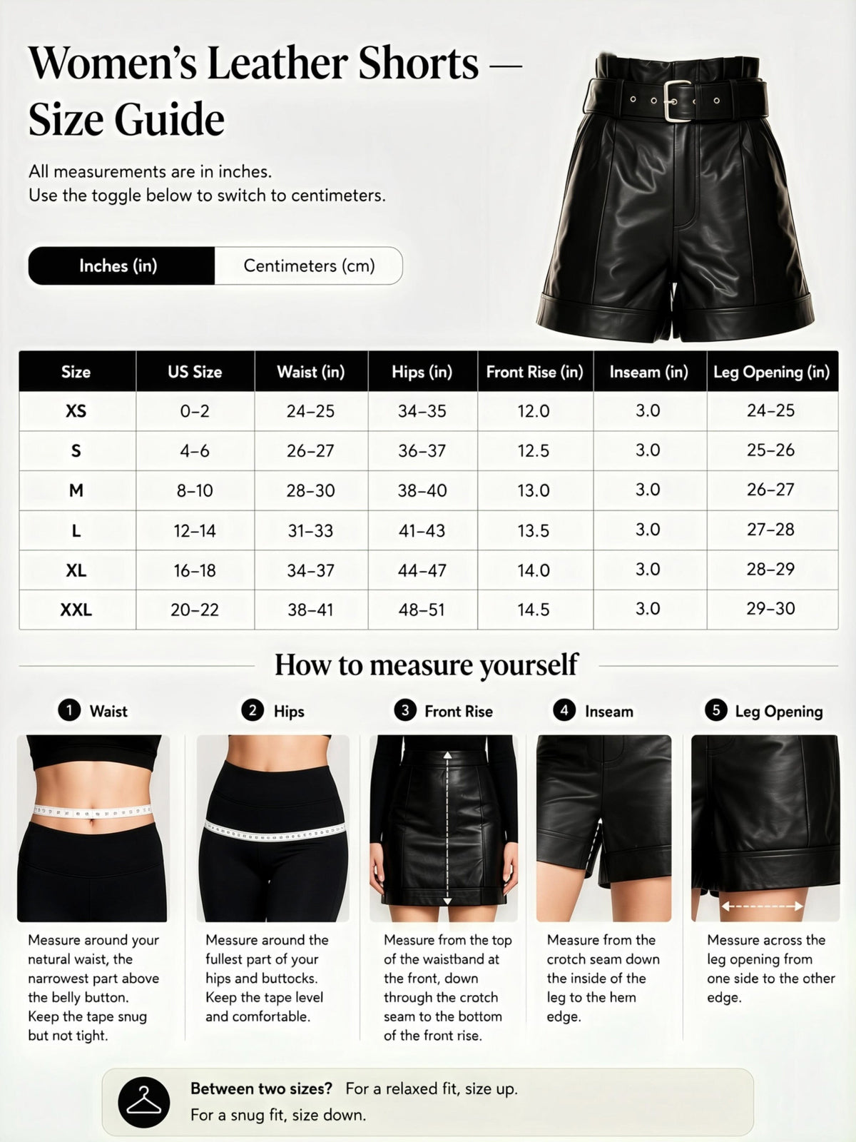 ZERXHIDE leather shorts size guide — women's sizes XS to XXL with waist, hip, front rise, inseam and leg opening measuremen