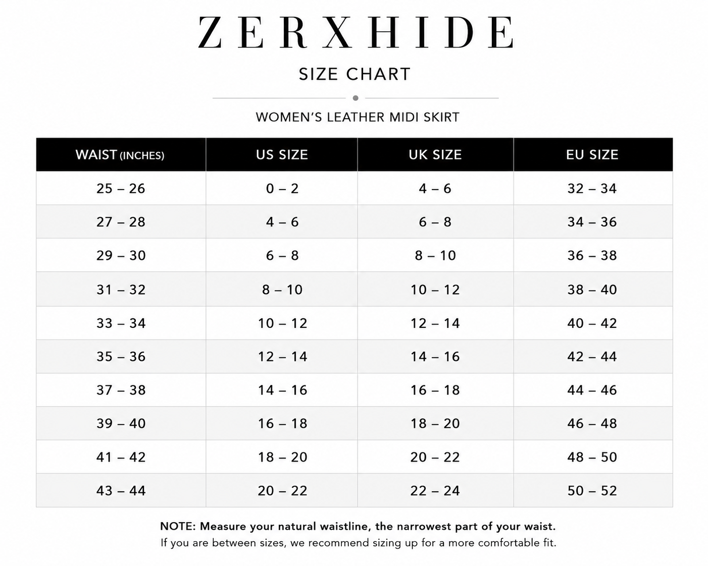 ZERXHIDE leather maxi skirt size chart — UK and US sizes with waist measurements in inches and custom length tailoring