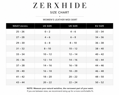 ZERXHIDE leather maxi skirt size chart — UK and US sizes with waist measurements in inches and custom length tailoring