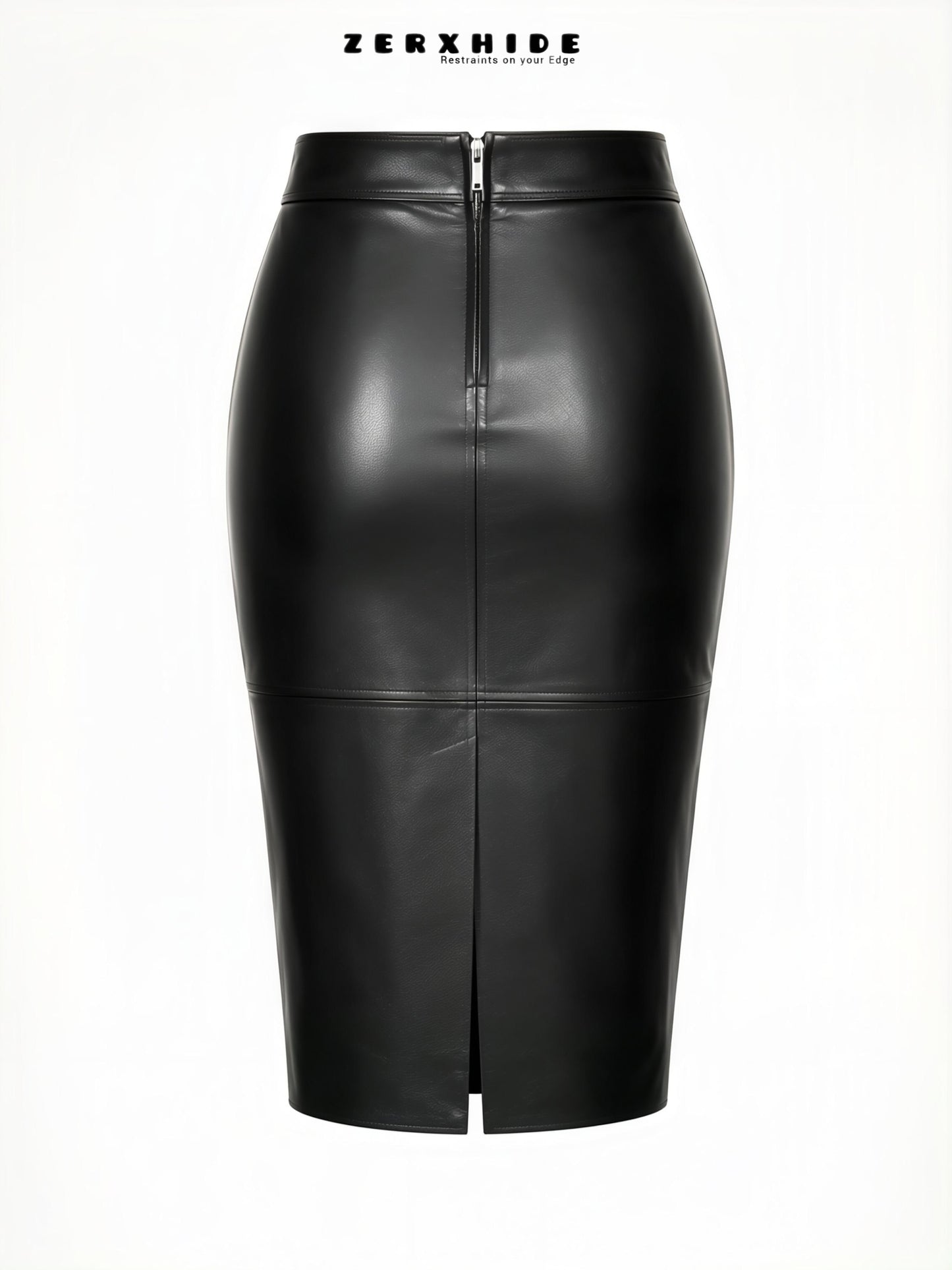 ZERXHIDE black leather maxi skirt — back view showing side slit hem detail with strappy black heels