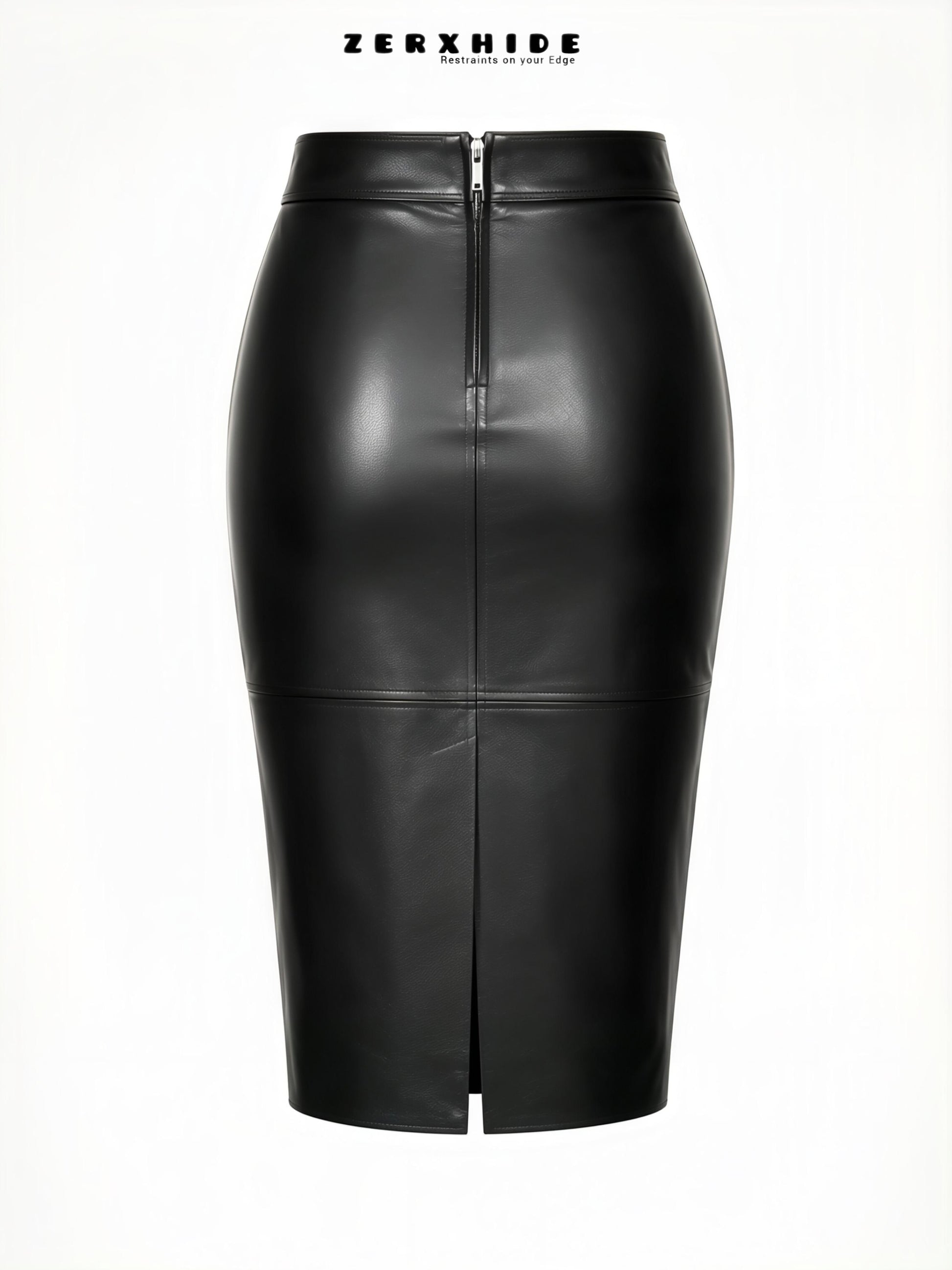 ZERXHIDE black leather maxi skirt — back view showing side slit hem detail with strappy black heels