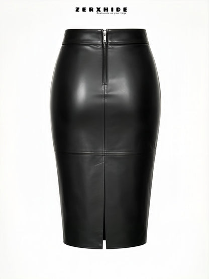 ZERXHIDE black leather maxi skirt — back view showing side slit hem detail with strappy black heels