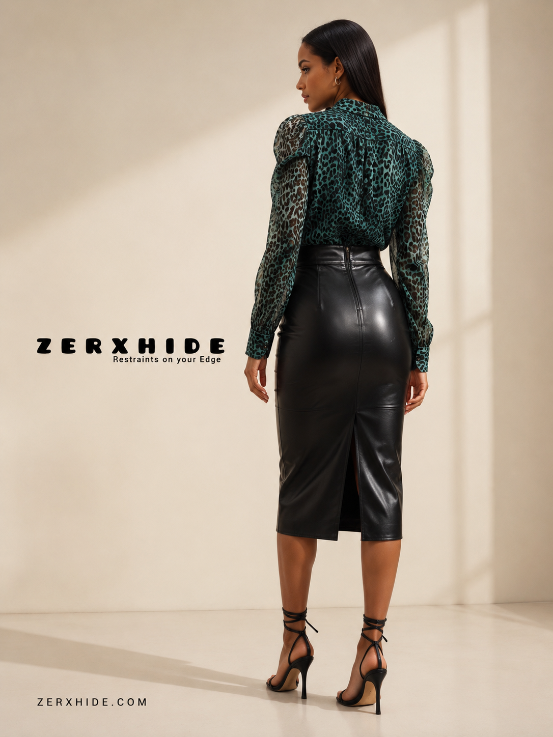 ZERXHIDE black leather maxi skirt flat lay — high-waisted silhouette with panel seaming and clean hem