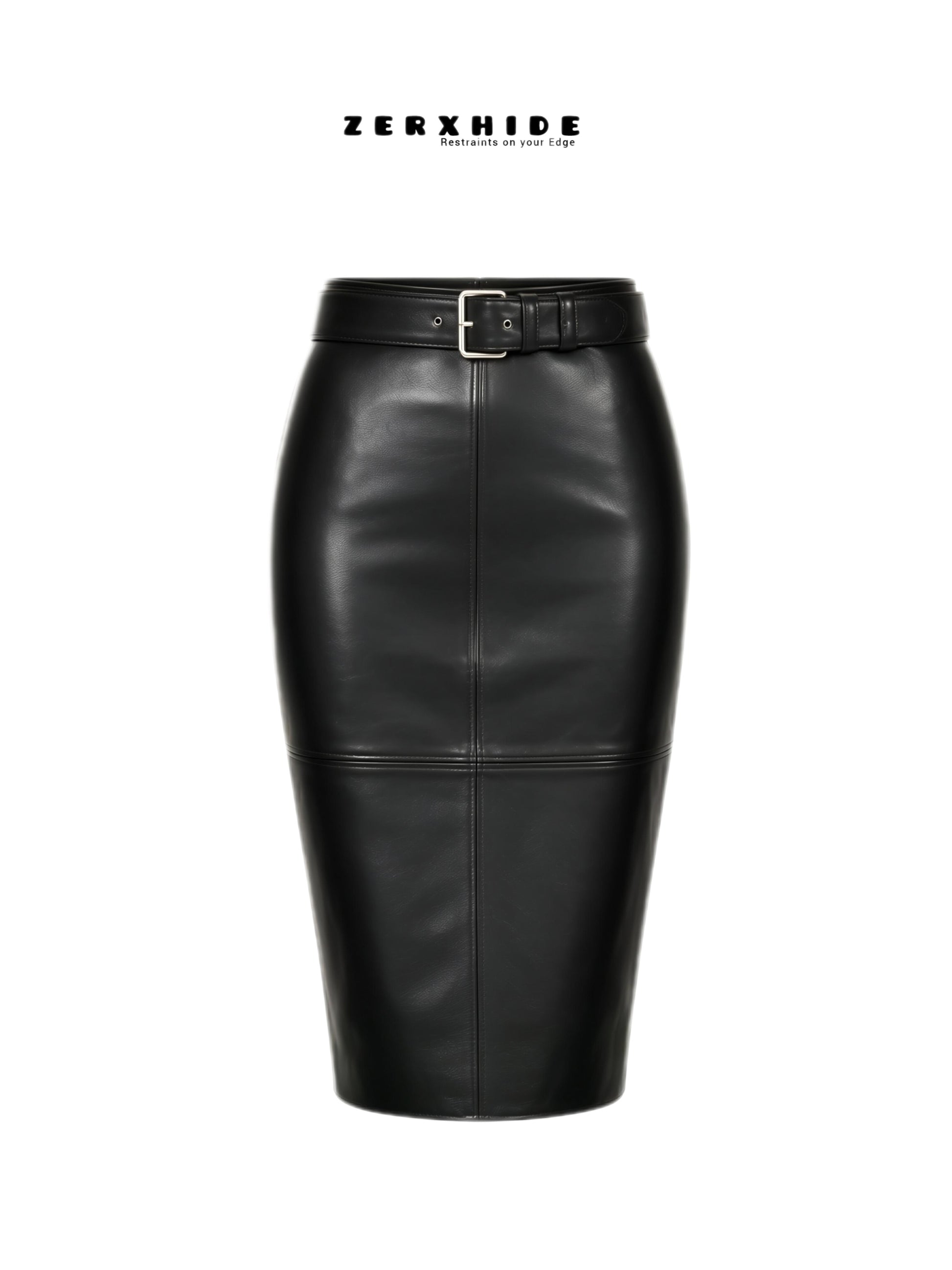 ZERXHIDE black leather maxi skirt flat lay — high-waisted silhouette with panel seaming and clean hem