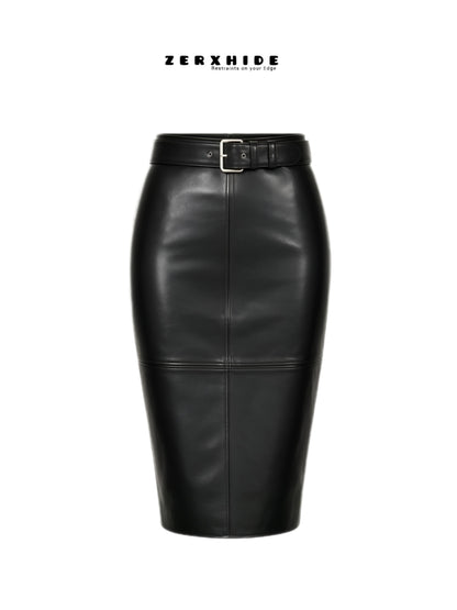 ZERXHIDE black leather maxi skirt flat lay — high-waisted silhouette with panel seaming and clean hem