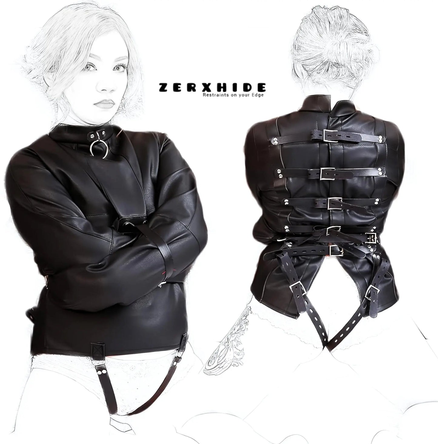 Rear view of ZERXHIDE Premium Leather Straitjacket showing 5-point heavy-duty buckle closure and adjustable crotch straps.