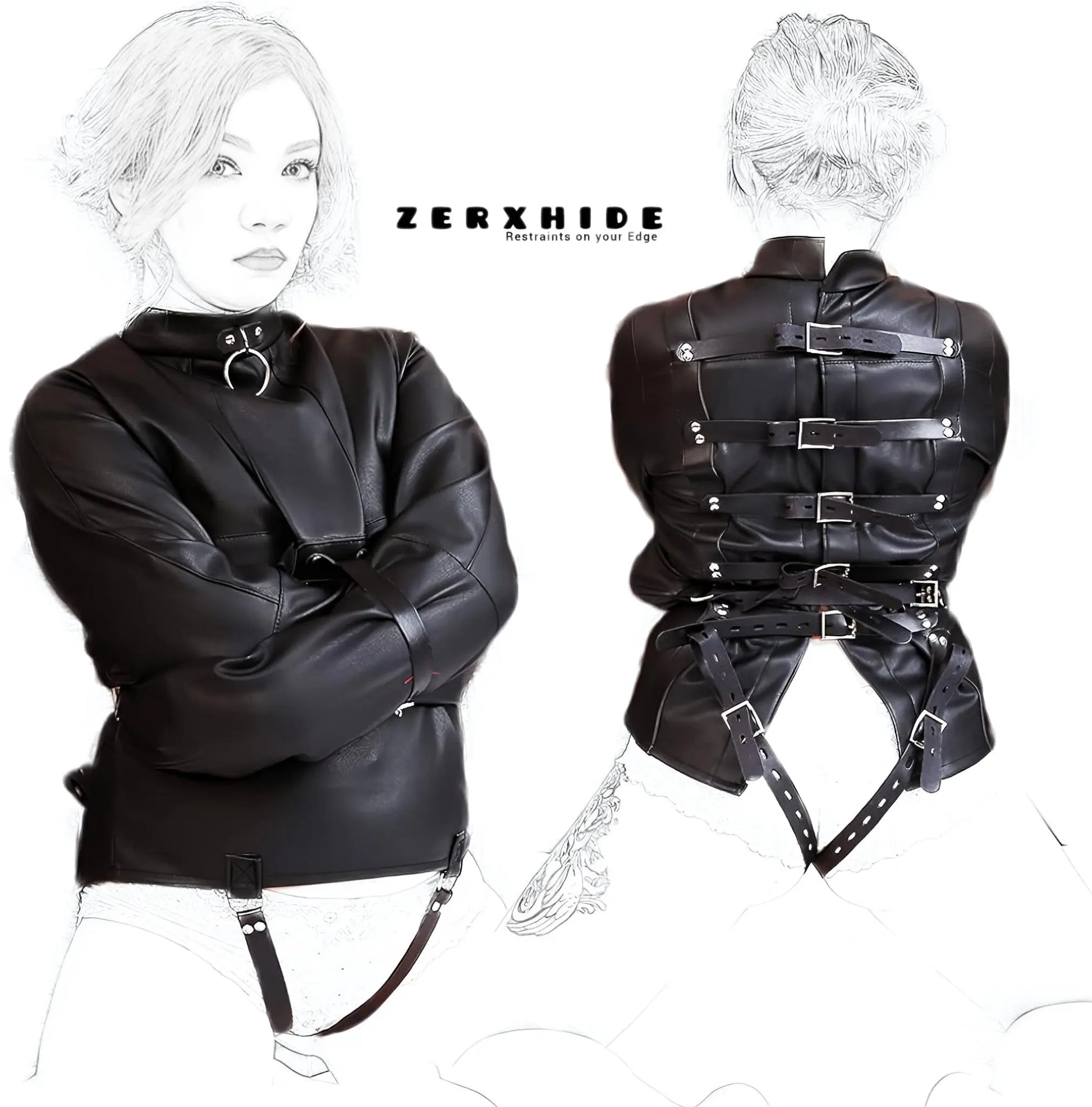 Rear view of ZERXHIDE Premium Leather Straitjacket showing 5-point heavy-duty buckle closure and adjustable crotch straps.