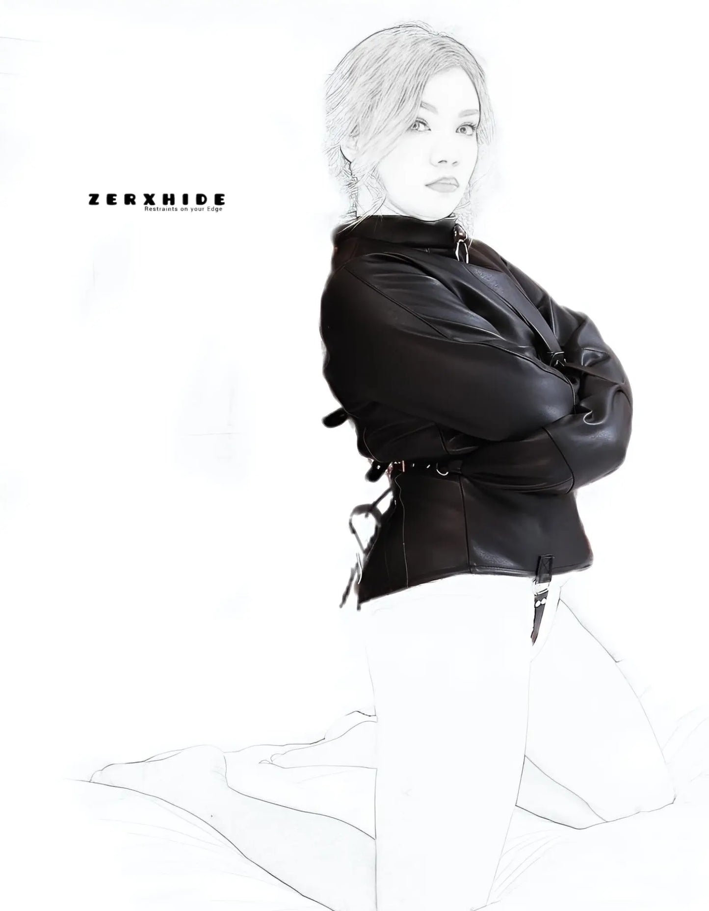 Side profile of ZERXHIDE Leather Restraint Jacket highlighting the slim, artisanal fit and matte-satin leather finish.