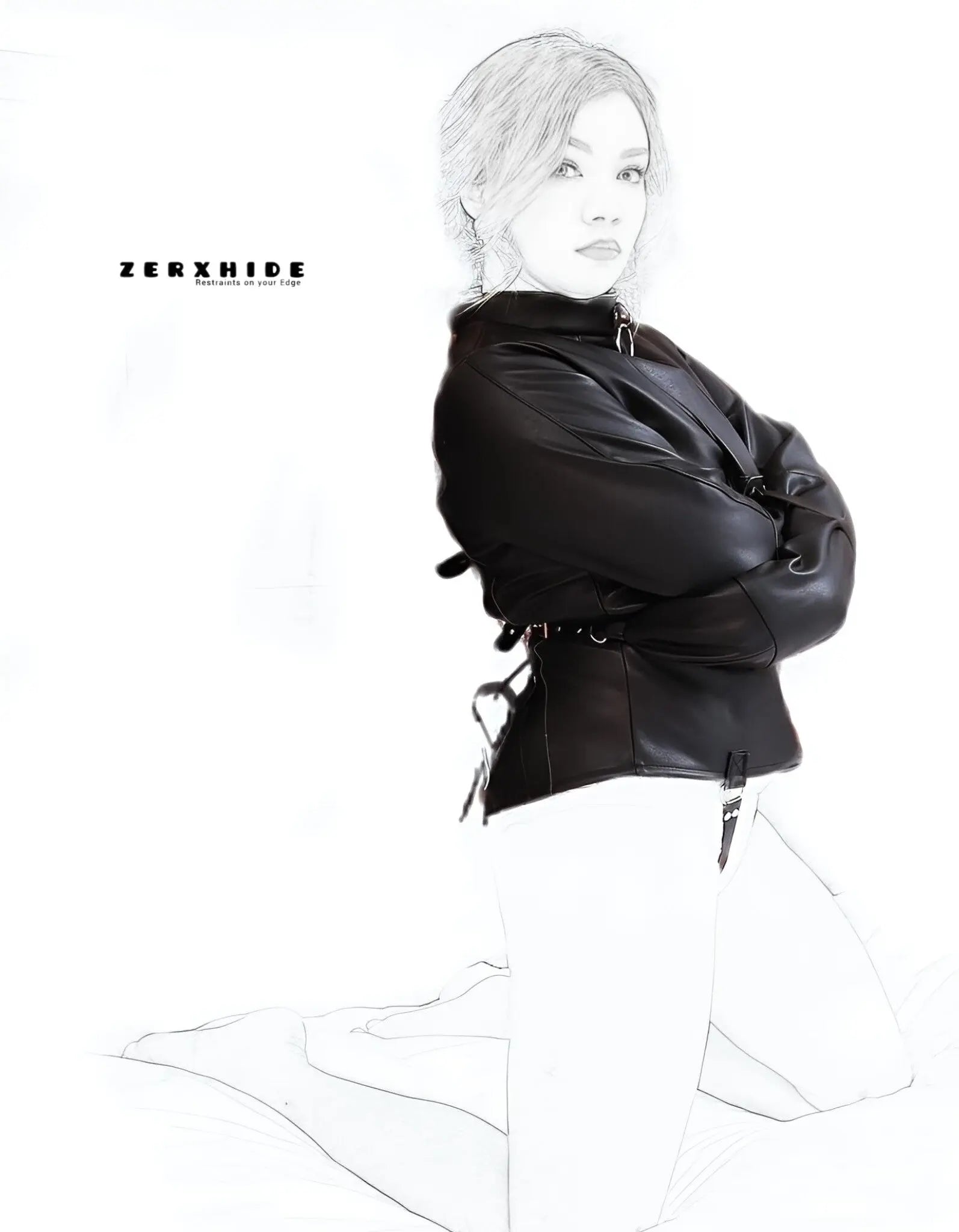Side profile of ZERXHIDE Leather Restraint Jacket highlighting the slim, artisanal fit and matte-satin leather finish.