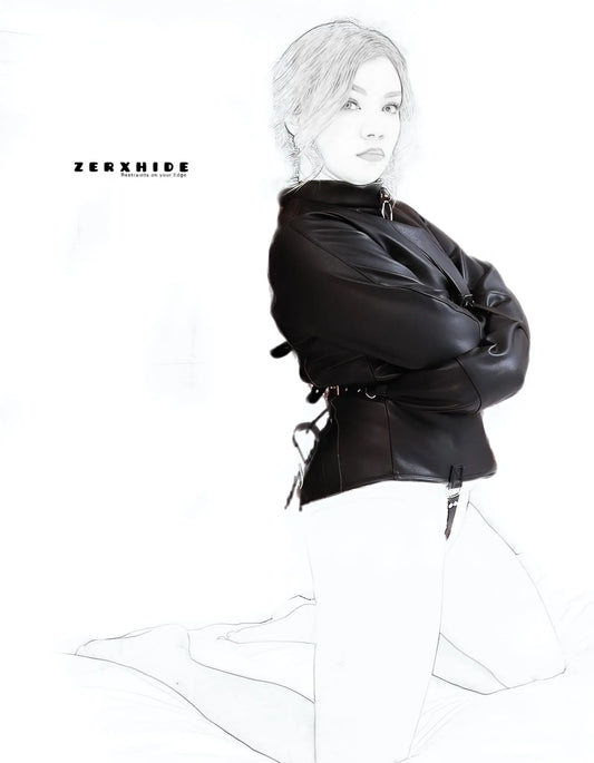 Side profile of ZERXHIDE Leather Restraint Jacket highlighting the slim, artisanal fit and matte-satin leather finish.