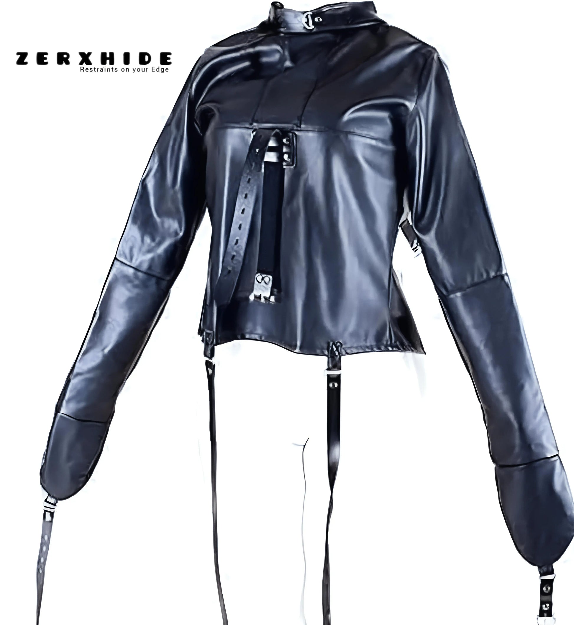 Front view of ZERXHIDE Premium Leather Straitjacket featuring high-neck collar with D-ring and reinforced leather mitts.