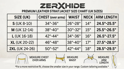 Official ZERXHIDE Premium Leather Straitjacket Size Chart for UK sizes S to 2XL with chest and waist measurements.