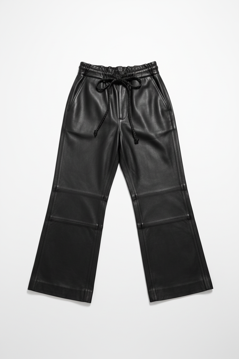 Black leather pants with a drawstring on a white background