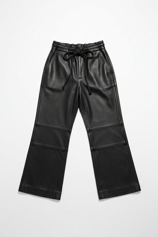 Black leather pants with a drawstring on a white background