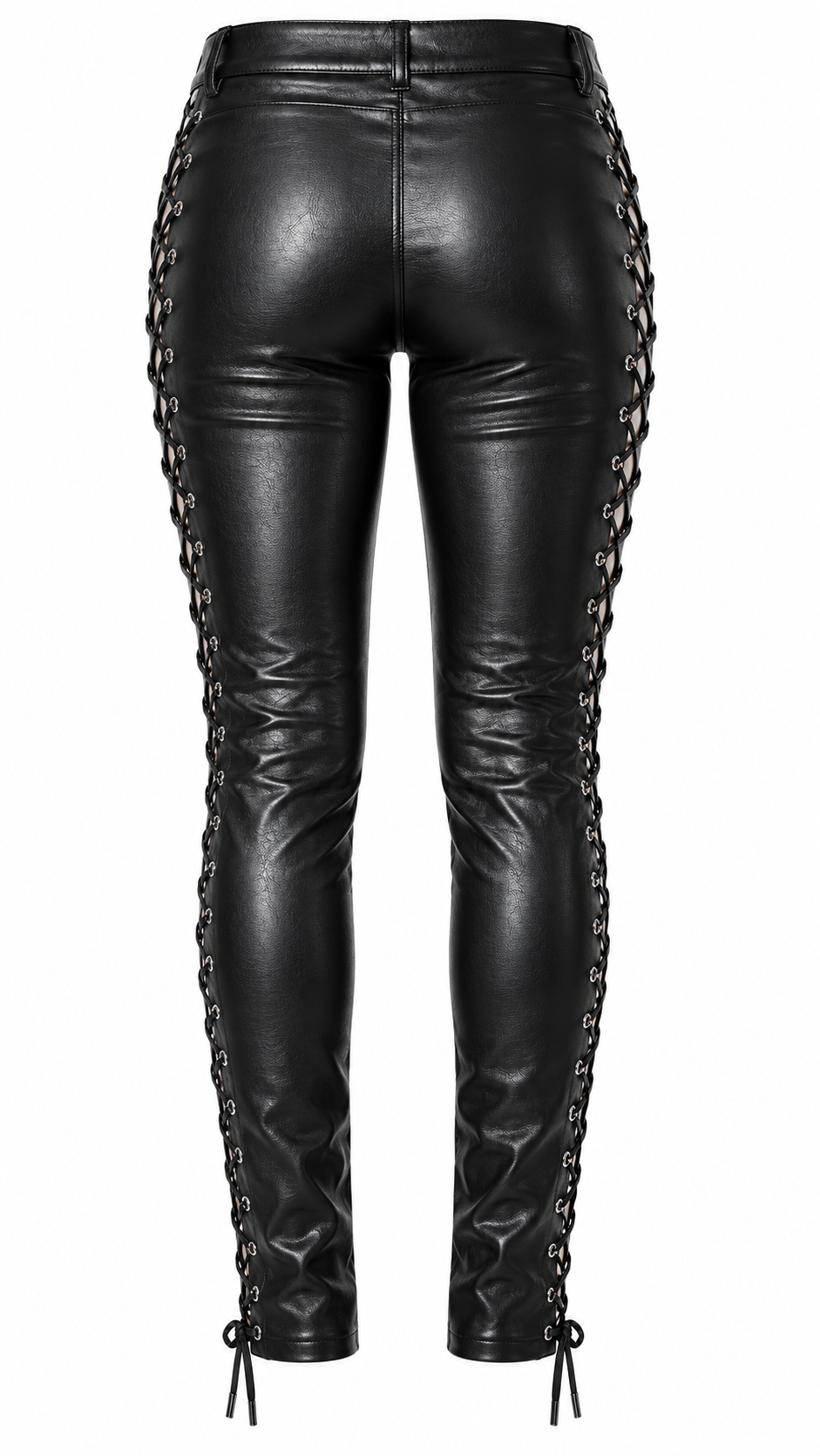 Women's black genuine leather slim fit pants back view — full-length lace-up side detailing with silver metal eyelets visible from behind, smooth fitted back panel, ankle lace bow tie closure, slim biker silhouette on white background
