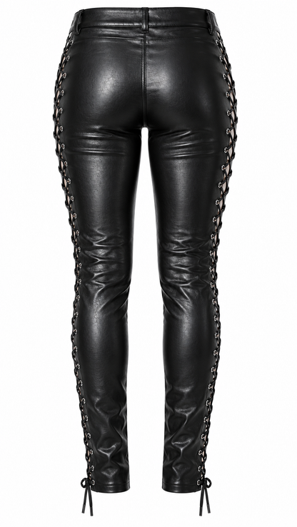 Women's black genuine leather slim fit pants back view — full-length lace-up side detailing with silver metal eyelets visible from behind, smooth fitted back panel, ankle lace bow tie closure, slim biker silhouette on white background