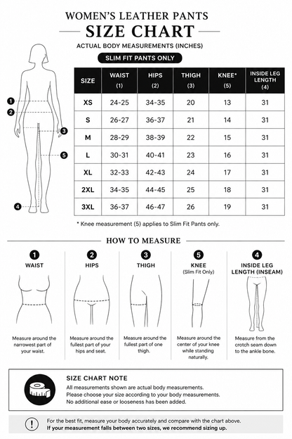 Women's leather slim fit pants size chart showing actual body measurements in inches — sizes XS through 3XL with waist, hips, thigh, knee, and inside leg inseam measurements, with how-to-measure diagrams and sizing advice
