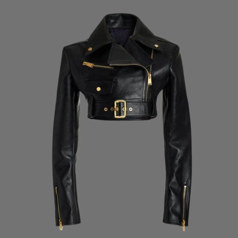 Black Cropped Leather Jacket Women - Belted Moto Style Streetwear & Outerwear, Handmade ZerxHide