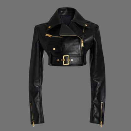 Black Cropped Leather Jacket Women - Belted Moto Style Streetwear & Outerwear, Handmade ZerxHide